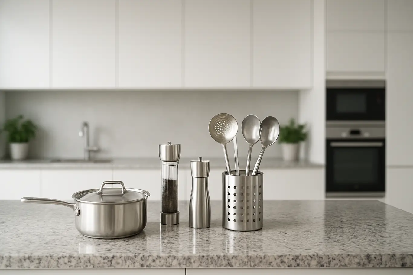 cozinha moderna minimalista funcional 1 Bancada de granito em cozinha moderna minimalista com utensílios de aço inox e vidro, armários brancos embutidos e plantas verdes ao fundo