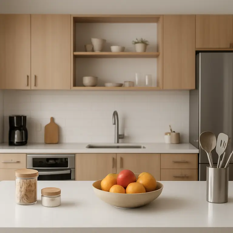 Cozinha moderna minimalista com armários brancos e bancada de madeira