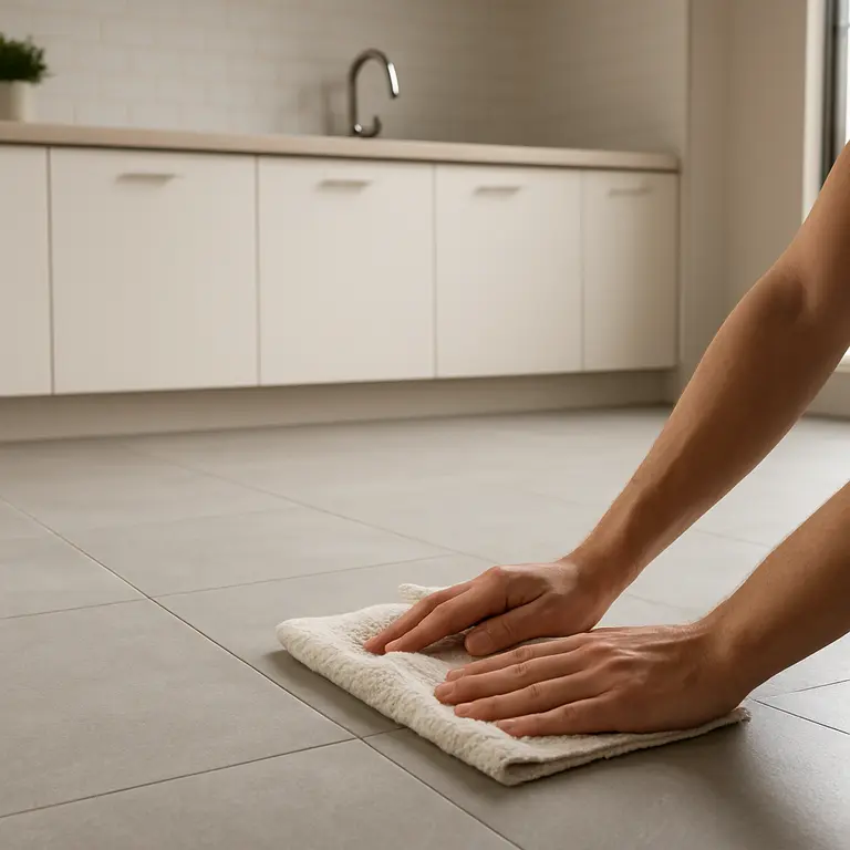 Mãos limpando piso de porcelanato fosco em cozinha moderna com pano úmido