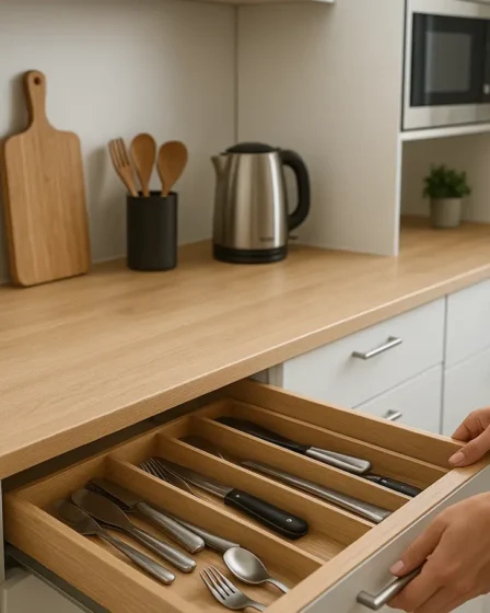 cozinha pequena moderna funcional 1 Mãos abrindo gaveta organizada em cozinha pequena moderna com bancada de madeira clara, plantas em vasos e eletrodomésticos compactos