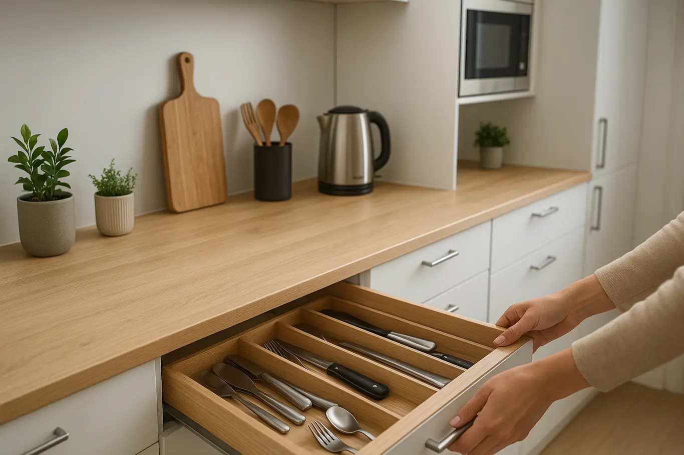 cozinha pequena moderna funcional 1 Mãos abrindo gaveta organizada em cozinha pequena moderna com bancada de madeira clara, plantas em vasos e eletrodomésticos compactos