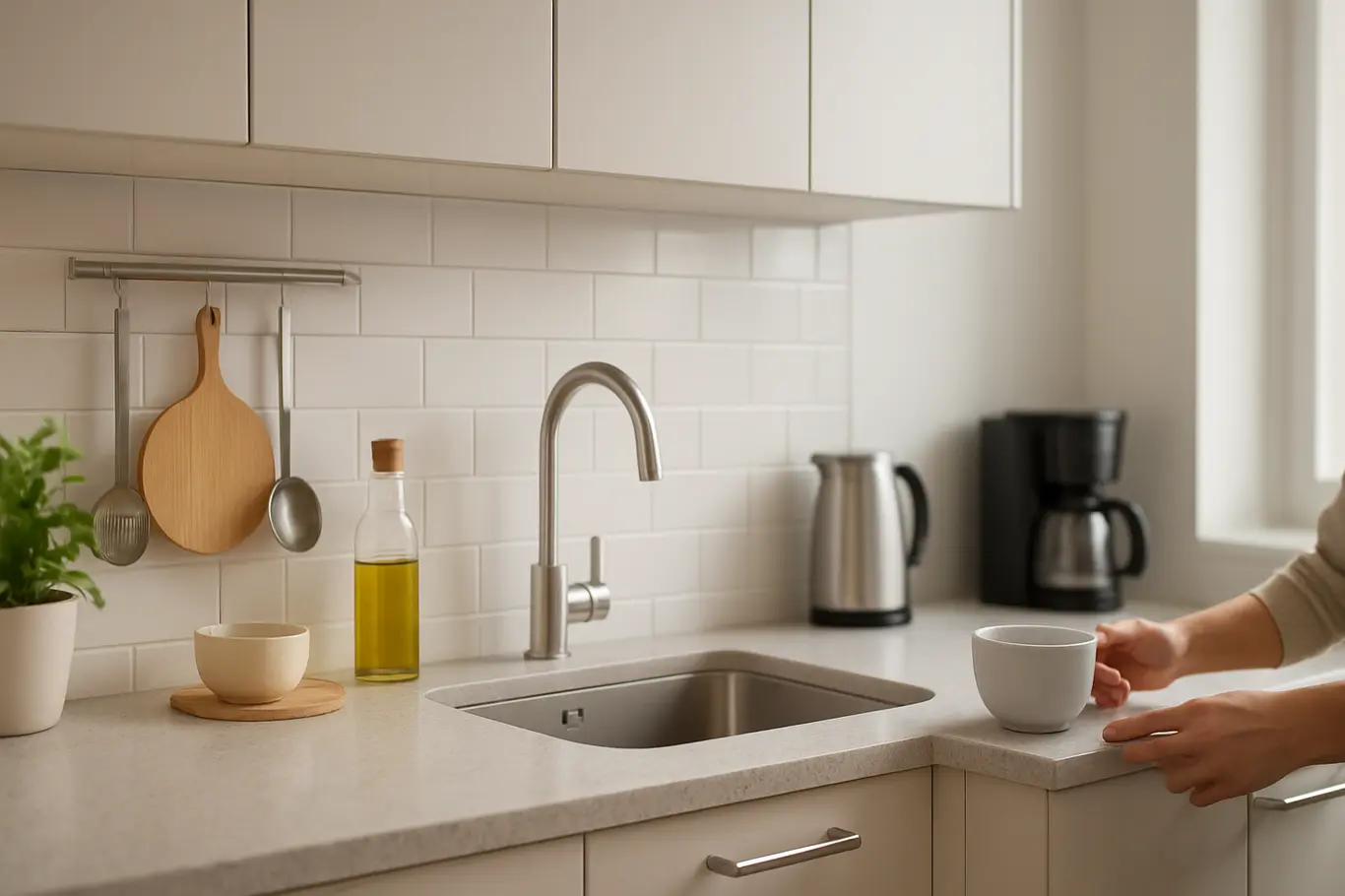 cozinha pequena moderna funcional organizada Cozinha pequena moderna com armários compactos e bancada clara equipada