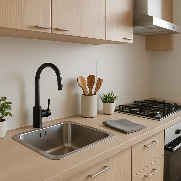 Cozinha pequena moderna e funcional com bancada compacta, pia e fogão em triângulo funcional com acessórios minimalistas e plantas pequenas