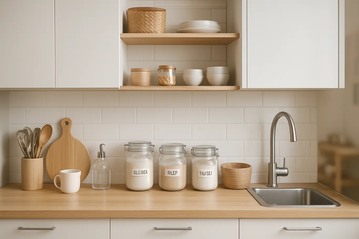 cozinha pequena organizada bancada limpa Cozinha pequena organizada com bancada limpa e armários minimalistas