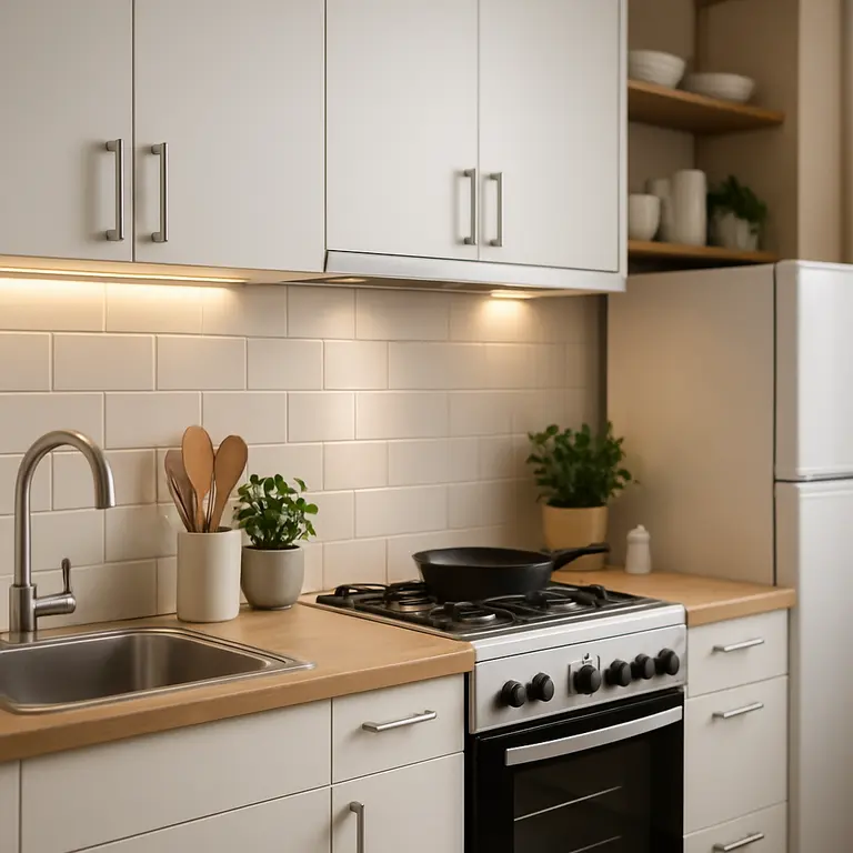 Cozinha pequena e organizada com pia, fogão e geladeira próximos destacando layout funcional