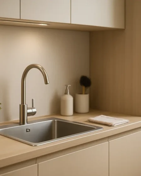 cozinha pequena planejada design moderno Cozinha pequena planejada com móveis compactos modernos e bancada funcional