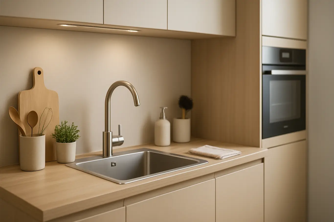 cozinha pequena planejada design moderno Cozinha pequena planejada com móveis compactos modernos e bancada funcional