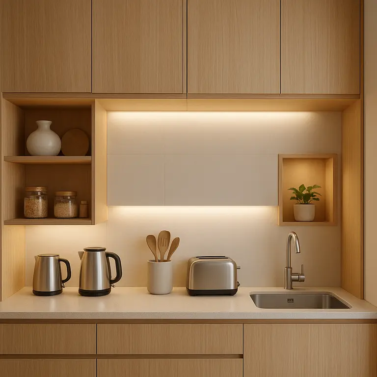 Cozinha pequena moderna com armários planejados em madeira clara e bancada compacta com utensílios minimalistas