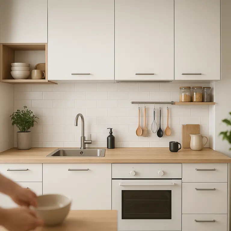 Cozinha pequena planejada com armarios brancos e bancada compacta