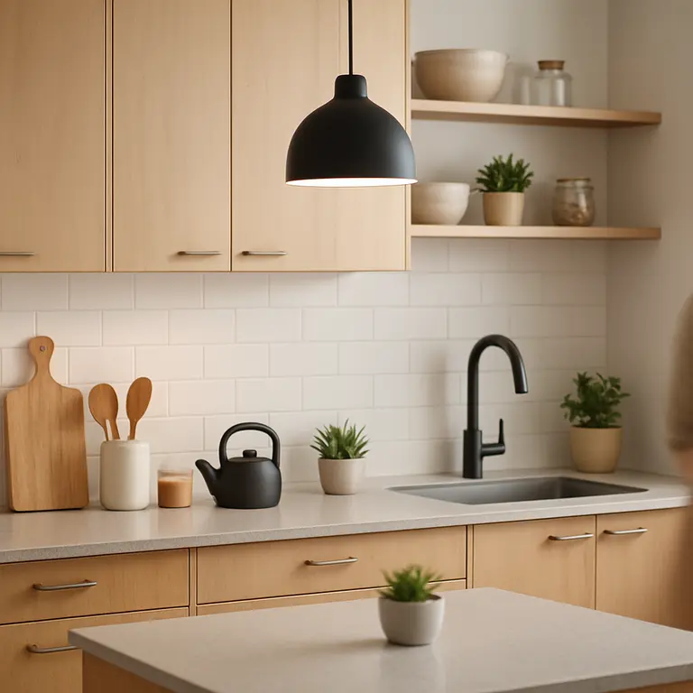 Cozinha pequena moderna com armários inteligentes e decoração funcional