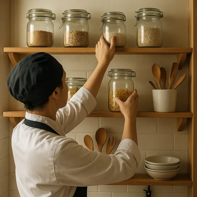 Cozinheiro organizando potes de vidro e utensílios em prateleiras abertas de cozinha pequena