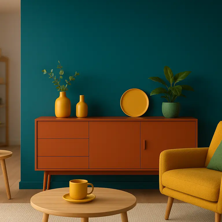 Ambiente doméstico multifuncional compacto com parede azul petróleo, móvel terracota e objetos amarelo mostarda e verde musgo