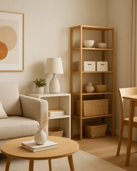 decoracao ambiente pequeno movel flexivel Sala pequena decorada com móveis multifuncionais em tons neutros e vibrantes