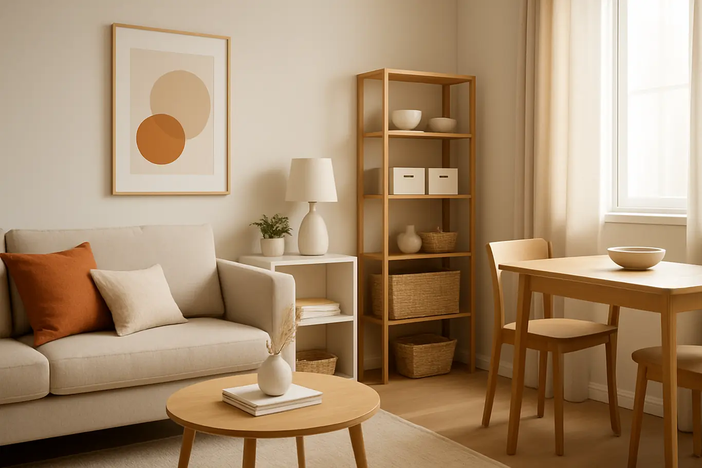 decoracao ambiente pequeno movel Sala pequena decorada com móveis multifuncionais em tons neutros e vibrantes