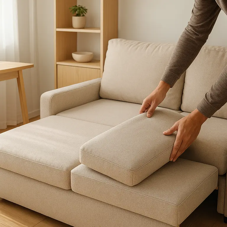 Pessoa ajustando sofá cama modular bege claro em sala pequena iluminada com móveis multifuncionais