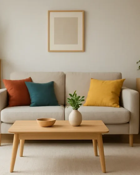 decoracao apartamento pequeno moveis multifunciona Apartamento pequeno organizado com móveis multifuncionais em madeira clara, sofá compacto com almofadas coloridas, mesa de centro minimalista e plantas verdes em vasos elegantes