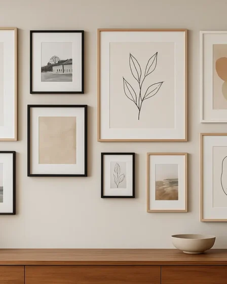 decoracao com molduras ambiente elegante Parede de sala com diversas molduras em diferentes tamanhos e estilos organizadas de forma harmoniosa