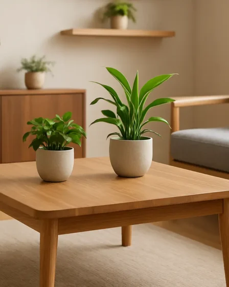 decoracao madeira moderna ambiente interno Ambiente interno moderno com mesa e prateleiras de madeira clara e escura e plantas verdes