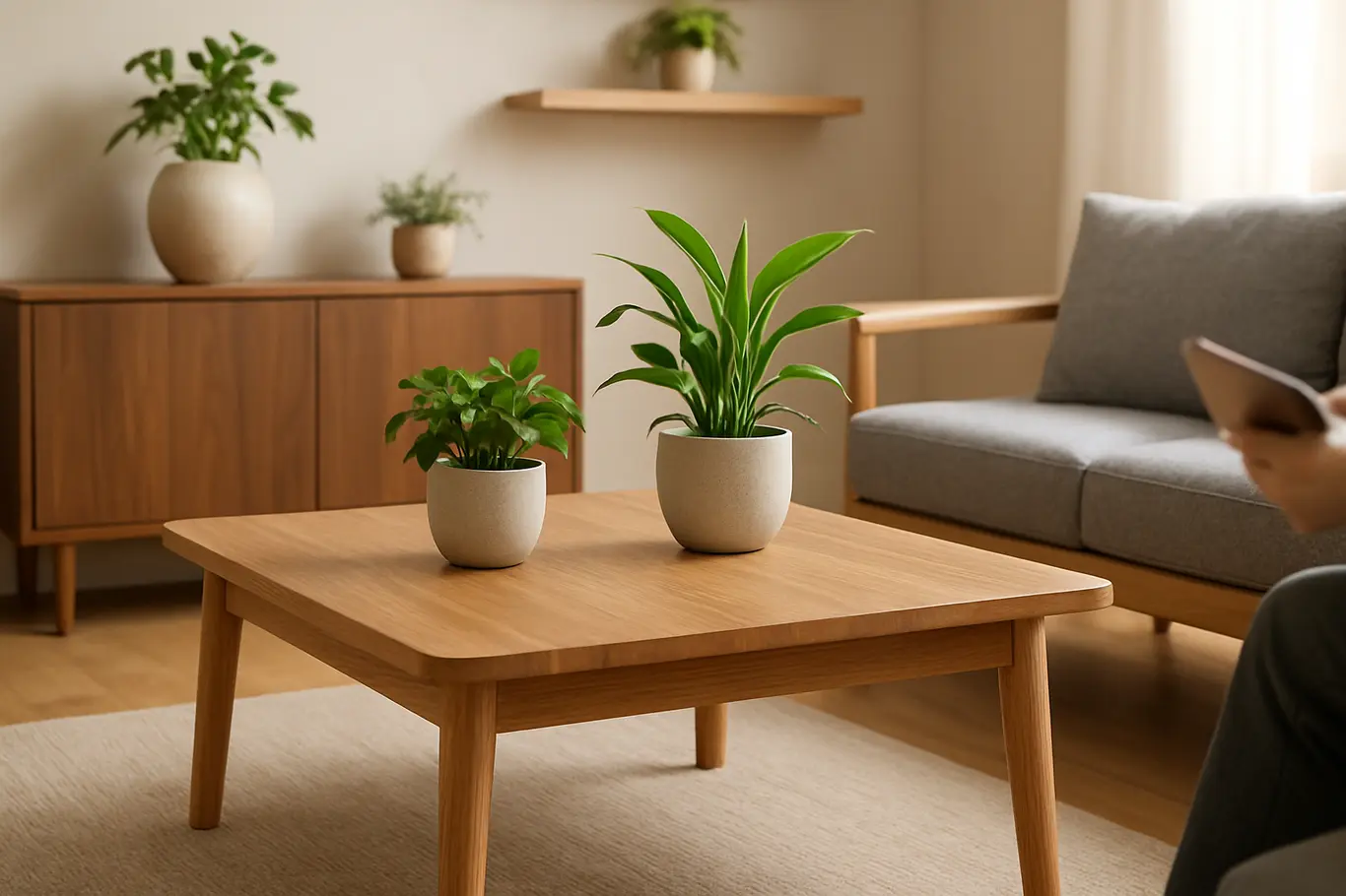 decoracao madeira moderna ambiente interno Ambiente interno moderno com mesa e prateleiras de madeira clara e escura e plantas verdes