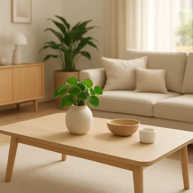 Ambiente moderno com móveis de madeira clara e decoração minimalista