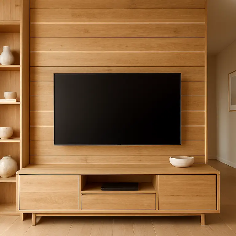 Ambiente interno moderno com painel de madeira de pranchas largas e móveis planejados claros sob televisão