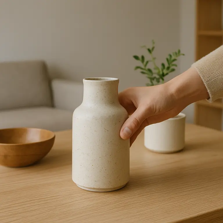 Mão ajustando vaso de cerâmica sobre mesa de madeira clara moderna
