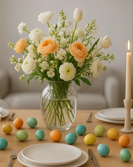 decoracao mesa pascoa elegante colorida Mesa de Páscoa com arranjos florais delicados ovos coloridos e velas acesas em castiçais minimalistas