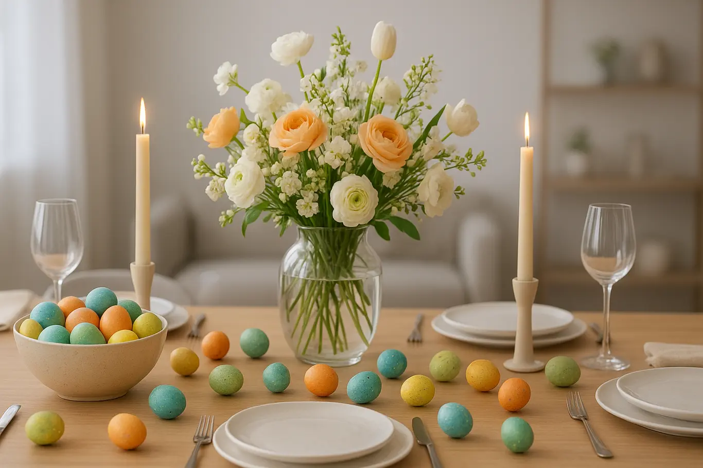 decoracao mesa pascoa elegante colorida Mesa de Páscoa com arranjos florais delicados ovos coloridos e velas acesas em castiçais minimalistas