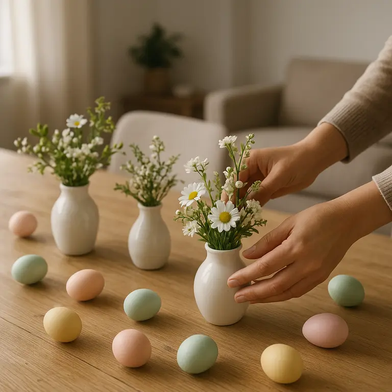 Mesa de madeira clara decorada para Páscoa com arranjos de flores frescas em vasos de cerâmica branca e ovos coloridos em tons pastéis