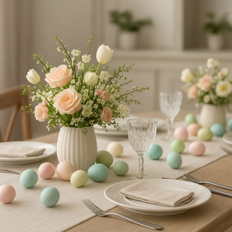Mesa decorada para Páscoa com arranjos florais e ovos coloridos