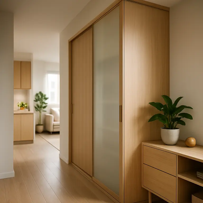Corredor amplo com armario planejado em madeira clara e portas de correr translúcidas em apartamento pequeno moderno