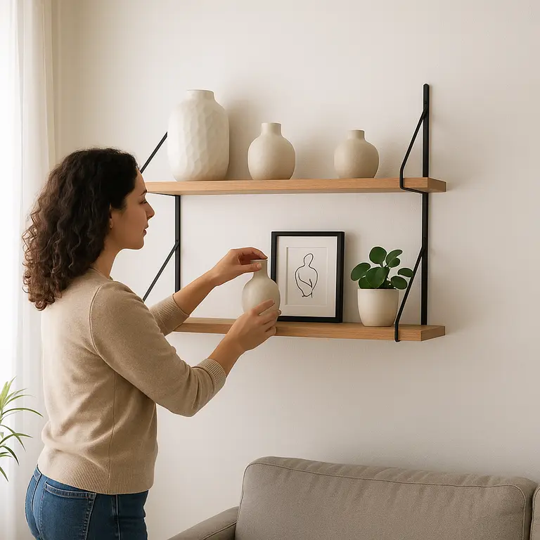 Pessoa organizando prateleiras suspensas modernas com objetos decorativos minimalistas e plantas em sala de apartamento pequeno