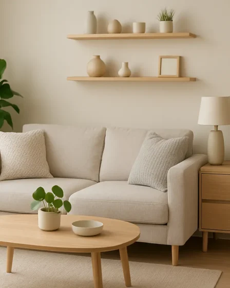 decoracao moderna apartamento pequeno sala Sala de apartamento pequeno com decoração moderna, móveis compactos em tons neutros e detalhes em madeira clara