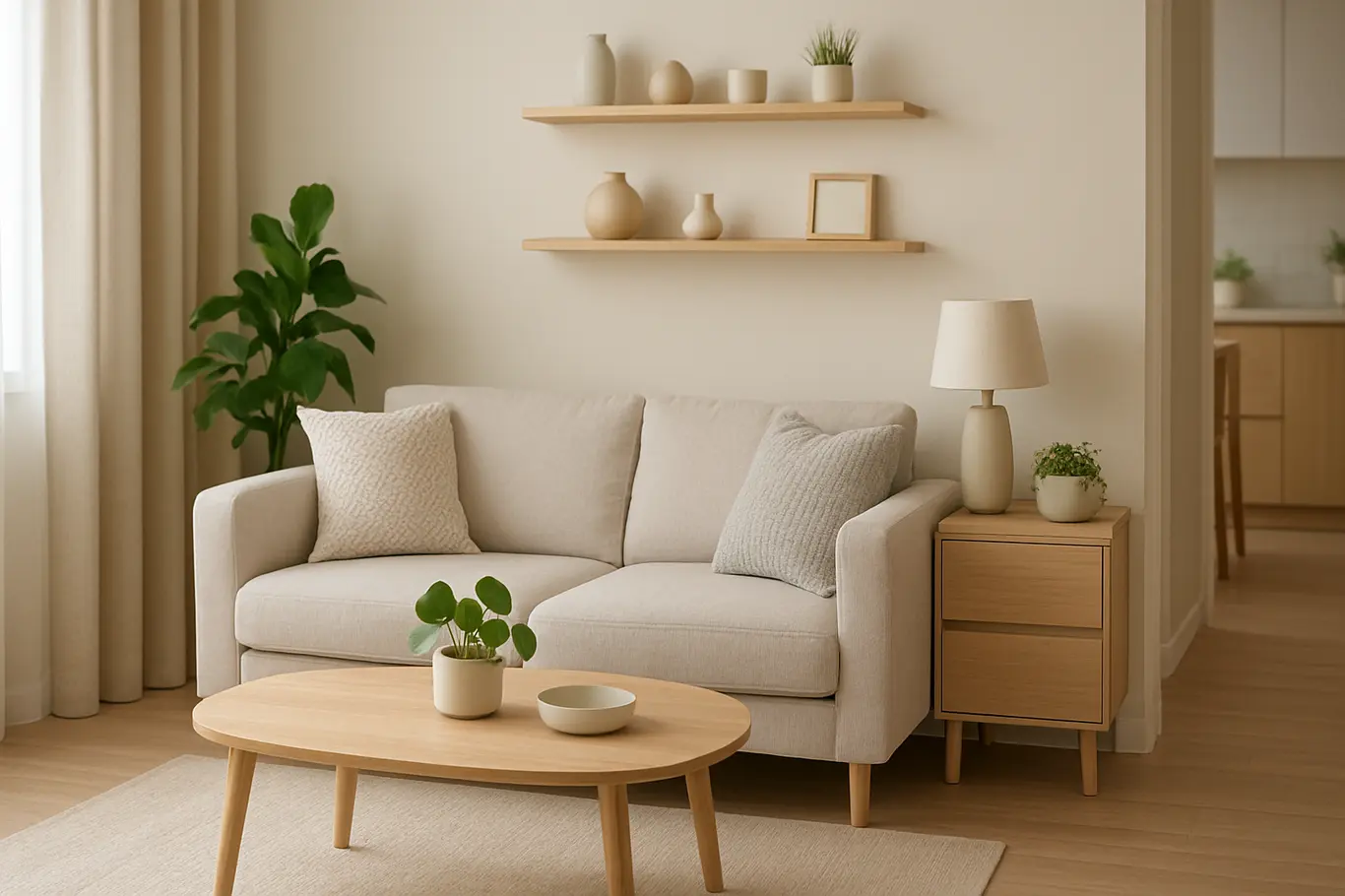 decoracao moderna apartamento pequeno sala Sala de apartamento pequeno com decoração moderna, móveis compactos em tons neutros e detalhes em madeira clara