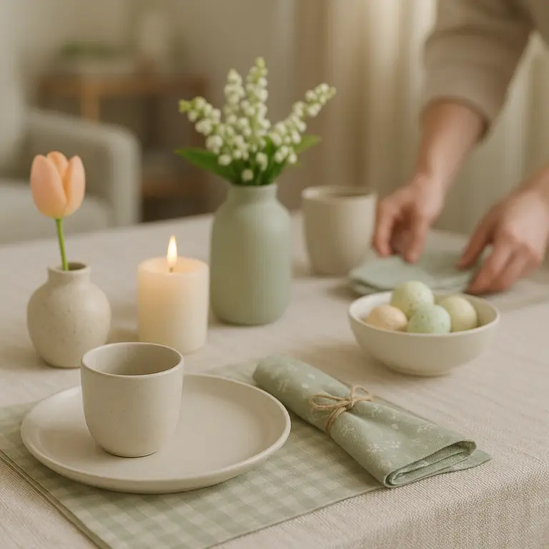 Mesa posta para Páscoa com copos de cerâmica, mini-vasos, velas acesas e guardanapos em tons pastéis