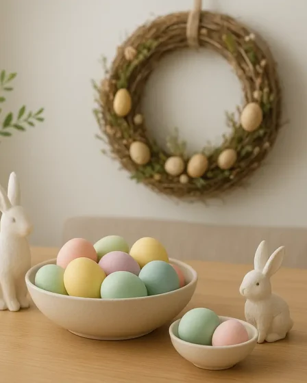 decoracao pascoa economica mesa ovos coelhos Mesa de madeira clara com ovos coloridos pastel, coelhinhos decorativos e guirlanda rústica em ambiente doméstico elegante