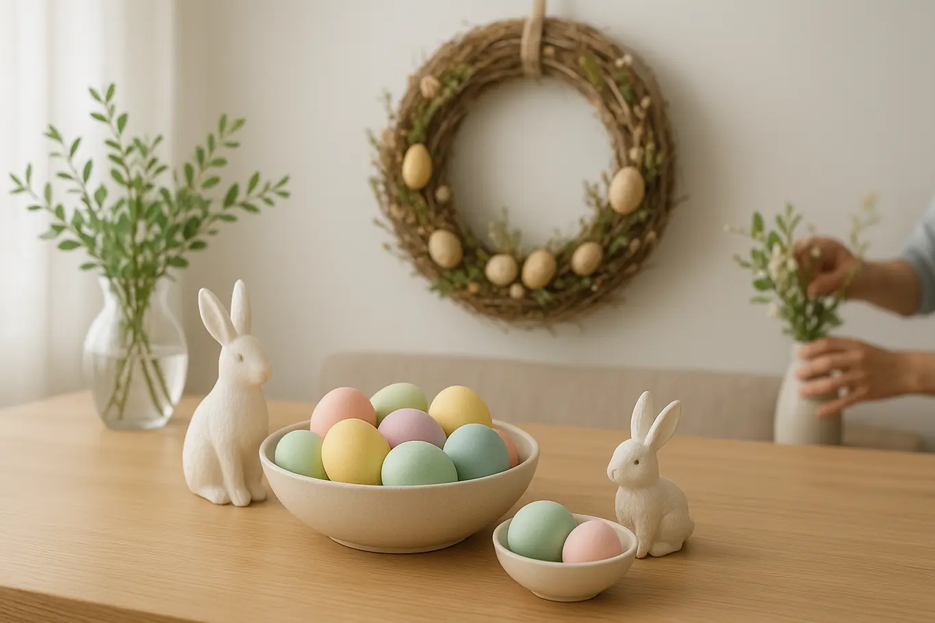 decoracao pascoa economica mesa ovos coelhos Mesa de madeira clara com ovos coloridos pastel, coelhinhos decorativos e guirlanda rústica em ambiente doméstico elegante