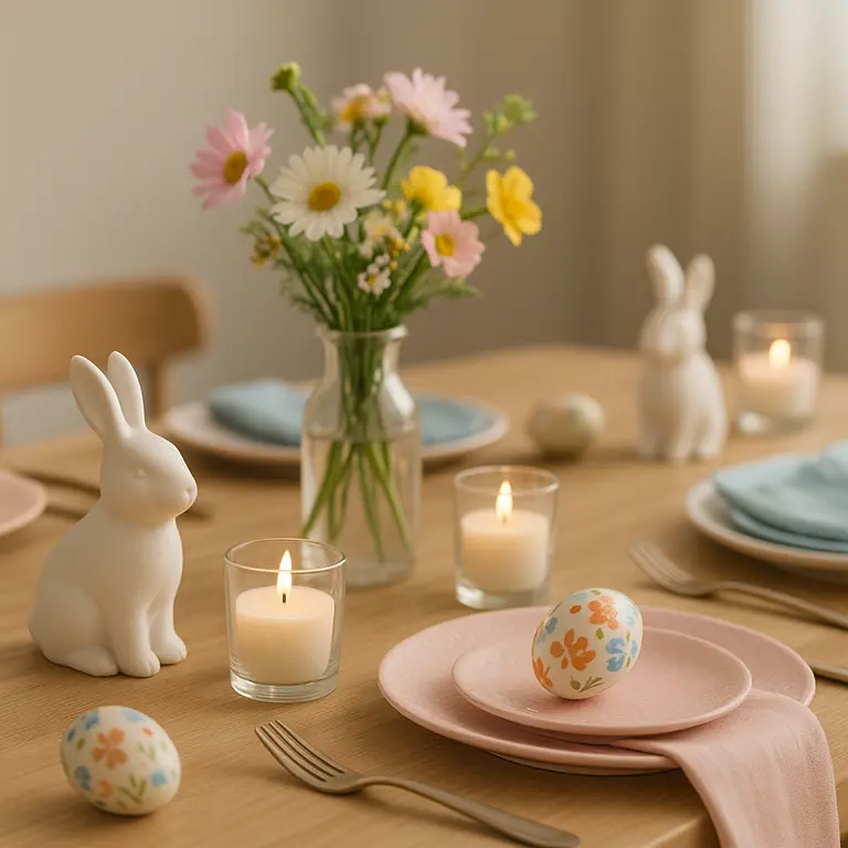 Mesa decorada para Páscoa com ovos coloridos e coelhos de cerâmica