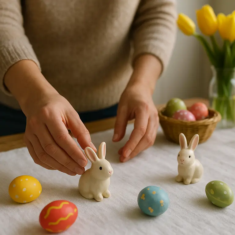 Pessoa decorando mesa de Páscoa com coelhinhos de cerâmica e ovos pintados à mão sobre toalha branca