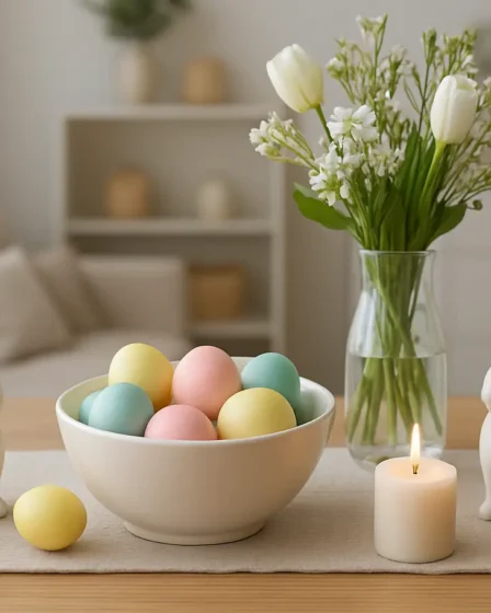 decoracao pascoa mesa ovos coelhos Mesa de madeira clara decorada com ovos coloridos, coelhinhos de cerâmica, velas e flores frescas