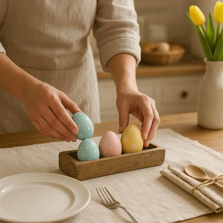 Pessoa decorando mesa de jantar para Páscoa com ovos coloridos de cerâmica em suporte rústico de madeira