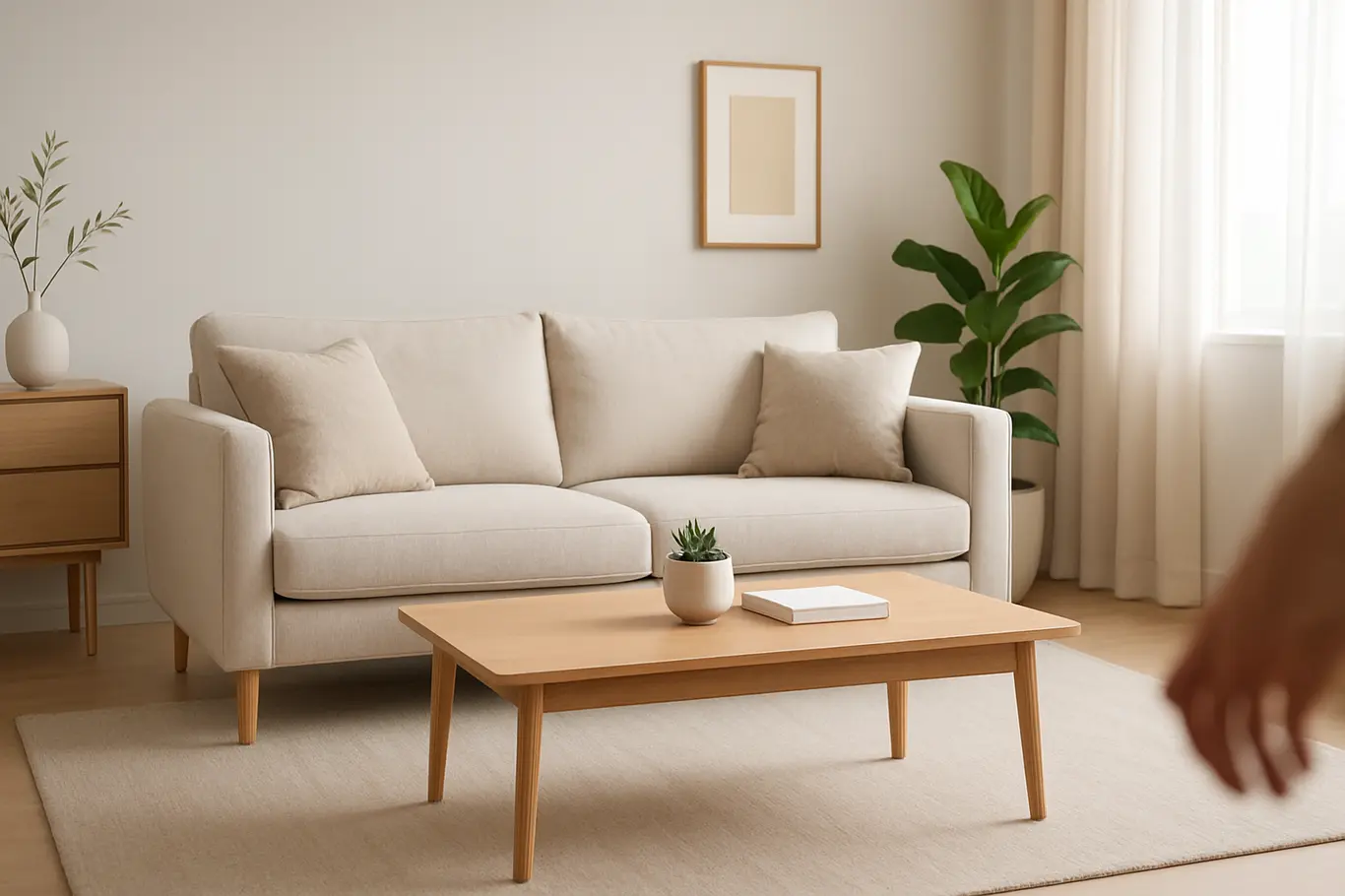 decoracao sala minimalista aconchegante Sala minimalista com sofá moderno e mesa de centro funcional em ambiente organizado