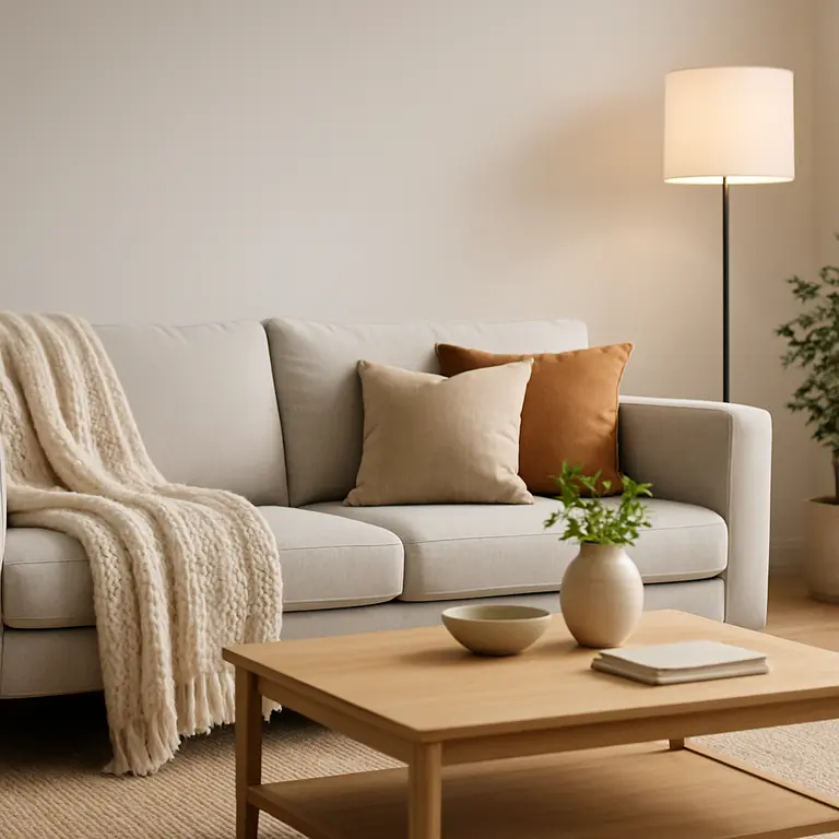 Sala decorada em estilo minimalista com sofá claro e plantas