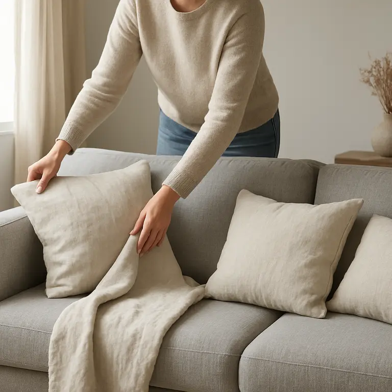 Pessoa organizando almofadas claras em sofá cinza minimalista com manta de linho natural