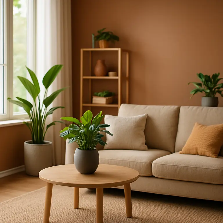 Sala pequena decorada com plantas e luz natural