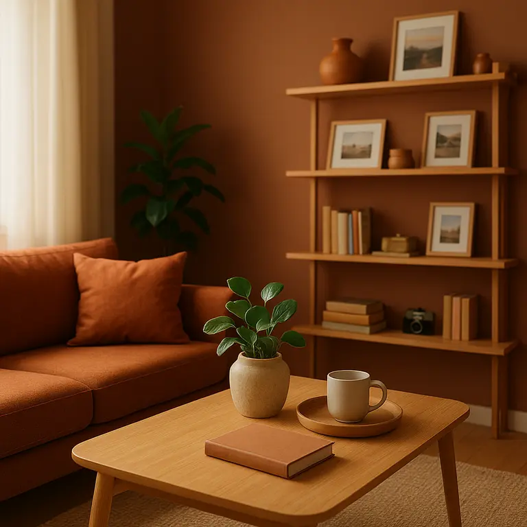 Sala pequena decorada com móveis compactos de madeira clara, prateleiras com fotografias, livros e plantas verdes sob luz natural suave