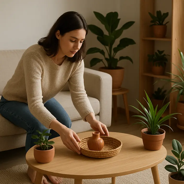Mulher arrumando mesa de centro em sala pequena iluminada com plantas em vasos terrosos e sofá bege