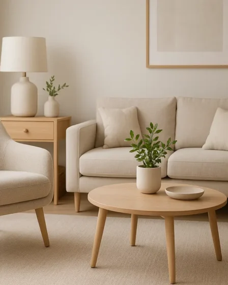 decoracao sala pequena moveis compactos 1 Sala pequena decorada com móveis compactos multifuncionais, poltrona moderna e mesa de centro com plantas naturais