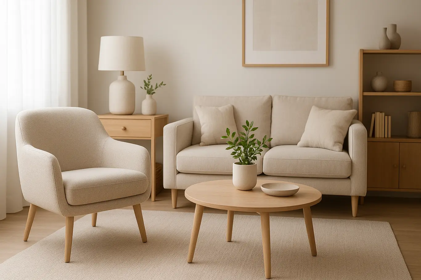 decoracao sala pequena moveis compactos 1 Sala pequena decorada com móveis compactos multifuncionais, poltrona moderna e mesa de centro com plantas naturais