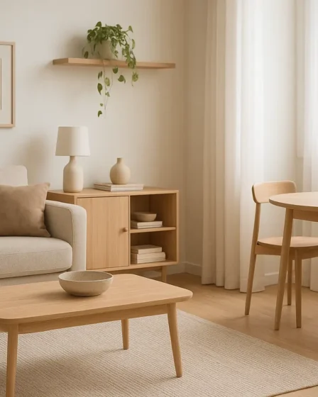 decoracao sala pequena moveis compactos Sala pequena organizada com móveis compactos em tons neutros e decoração moderna